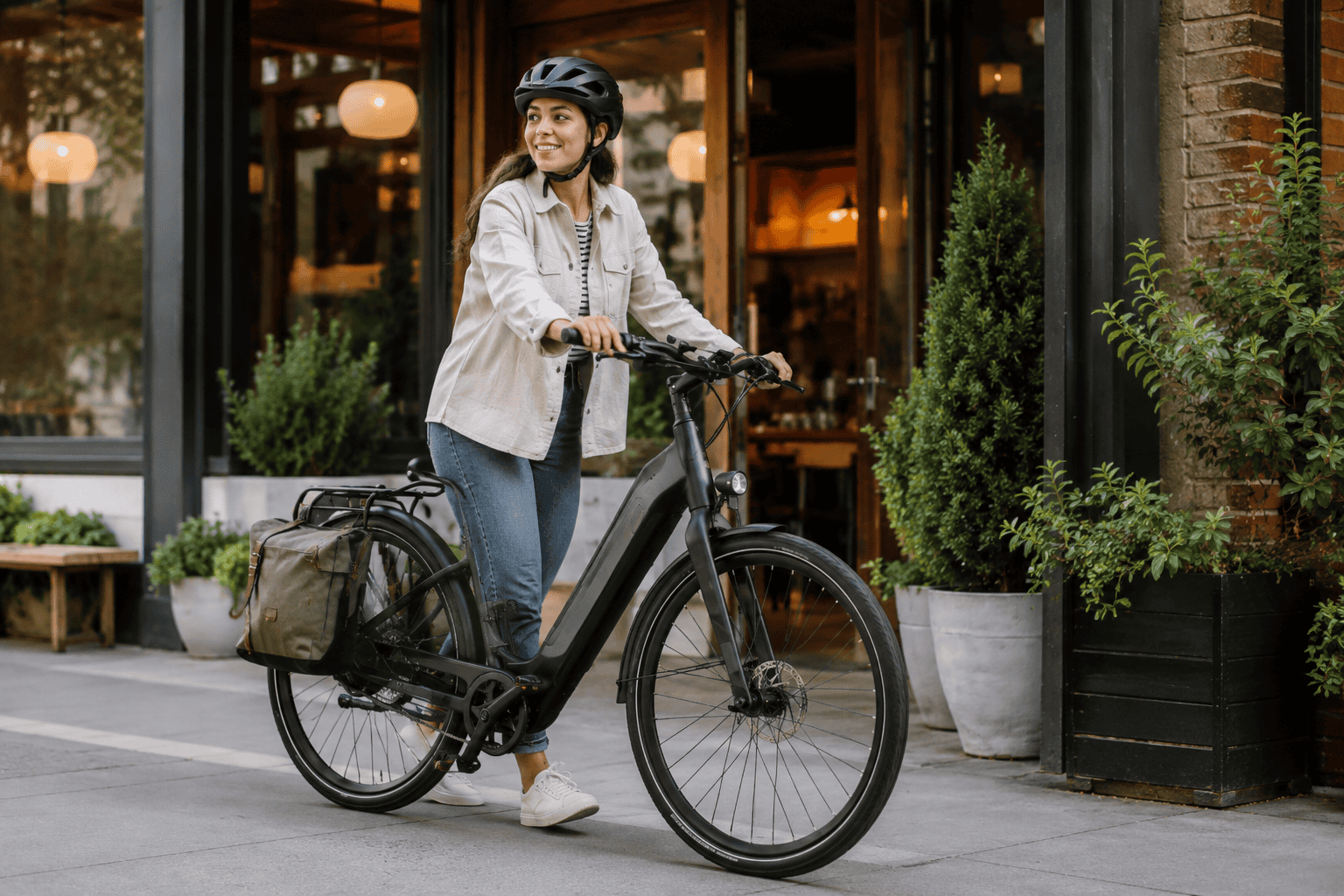 Family riding bikes together on an urban greenway with commuter e-bikes