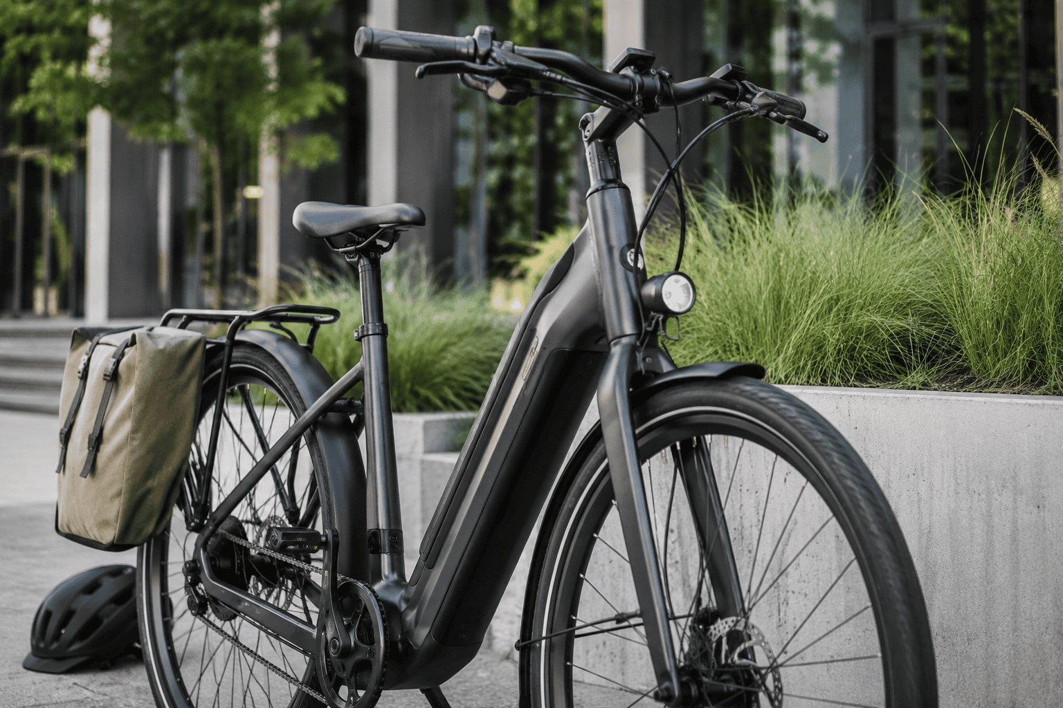 Man riding an urban commuter e-bike through a modern city bike lane