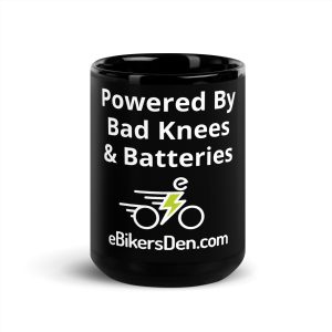Black Coffee Mug 15oz – “Powered by Bad Knees & Batteries” – eBikersDen