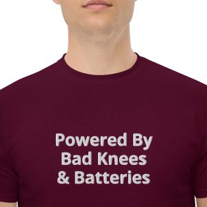 Unisex Classic T-Shirt Embroidered – “Powered by Bad Knees & Batteries” – eBikersDen